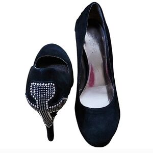 Reba Heels Black Suede Metal Studded Cross Detail Almond Toe Cushioned Platforms